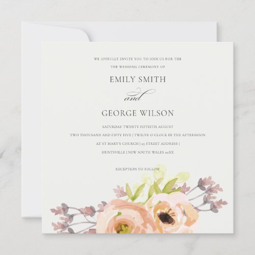 ROMANTIC PINK PEACH BLUSH OFF WHITE FLORAL WEDDING INVITATION