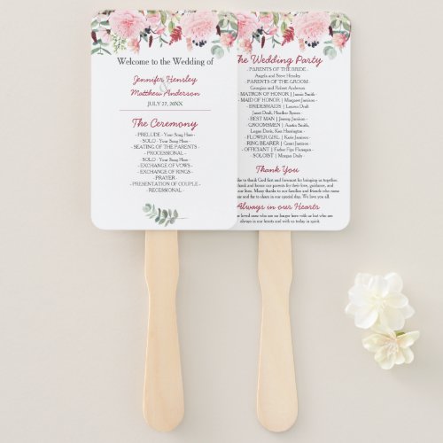 Romantic Pink Peonies and Eucalyptus Wedding Hand Fan