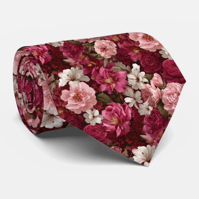 Romantic Pink Peonies and Roses Floral Wedding Neck Tie (Rolled)