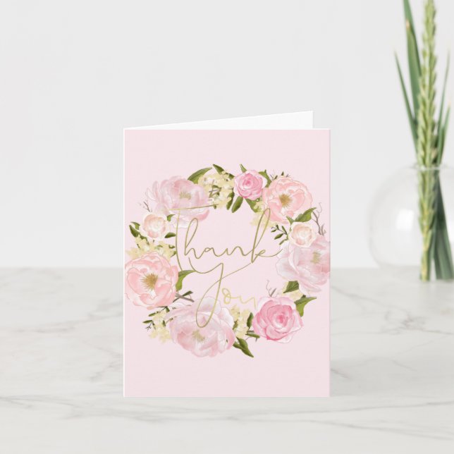 Romantic Pink Peonies Floral Gold Thank You (Front)