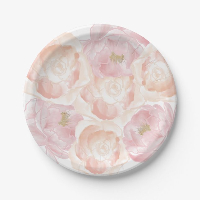 Romantic Pink Peonies Floral Paper Plates (Front)