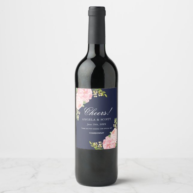 Romantic Pink Peonies on Blue Wine Labels (Front)