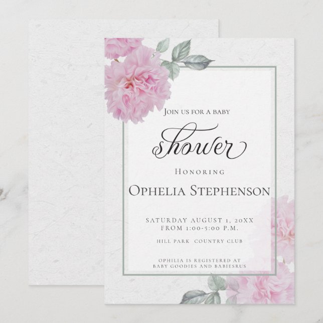 Romantic Pink Peonies Rice Paper  Baby Shower Invitation (Front/Back)