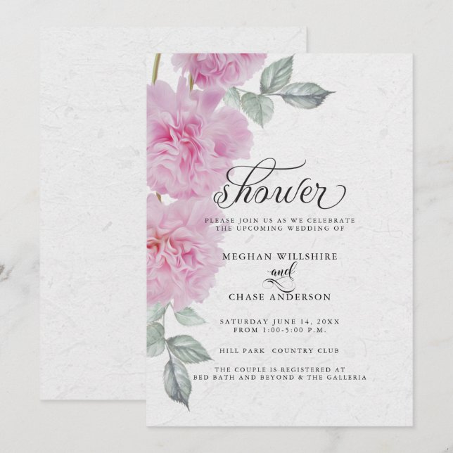 Romantic Pink Peonies Rice Paper BarefootBride™ Invitation (Front/Back)