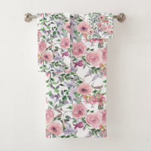 Romantic Pink Peonies & Roses Floral Bath Towel Set