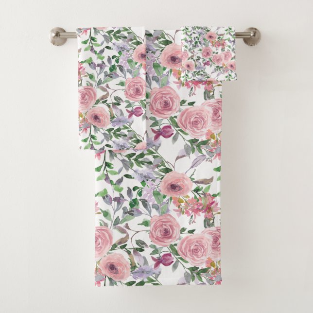 Romantic Pink Peonies & Roses Floral Bath Towel Set (Insitu)