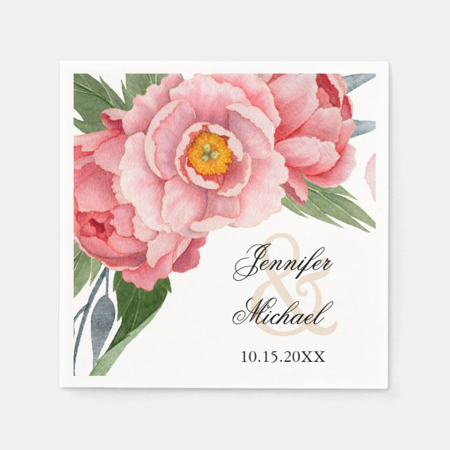 Romantic Pink Peonies Wedding Napkins (Front)