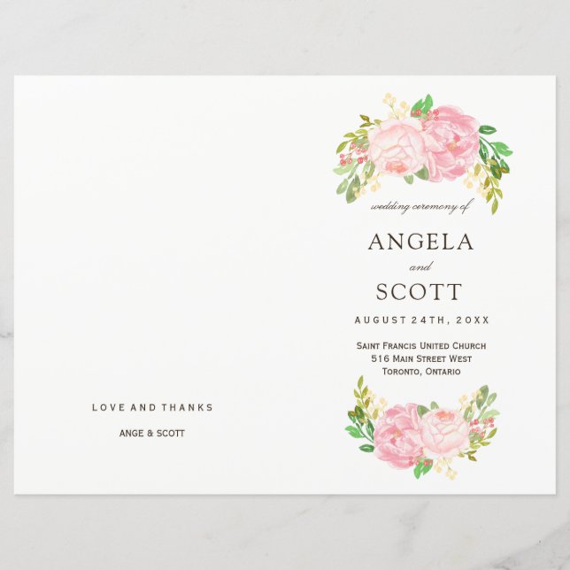 Romantic Pink Peonies Wedding Programs (Front)
