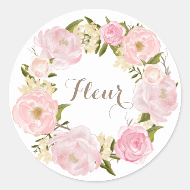 Romantic Pink Peonies Wreath Personalized Classic Round Sticker (Front)