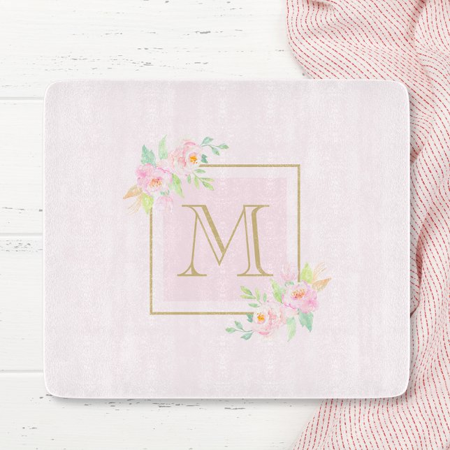 Romantic Pink Peony Botanical Initial Glass Cutting Board (Creator Uploaded)