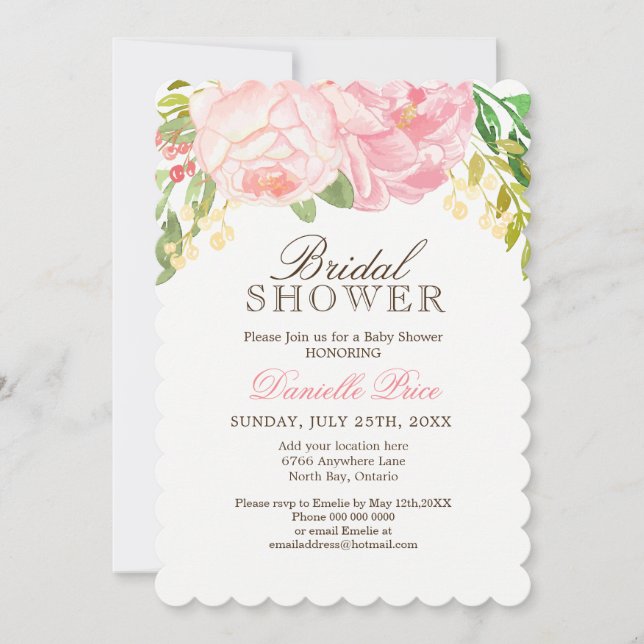 Romantic Pink Peony Bridal Shower Invitations (Front)
