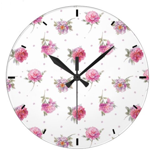 Romantic Pink Peony & Dot Watercolor Pattern Large Clock