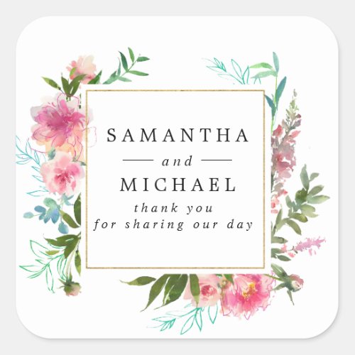 Romantic Pink Peony Floral DIY Wedding Thank You Square Sticker