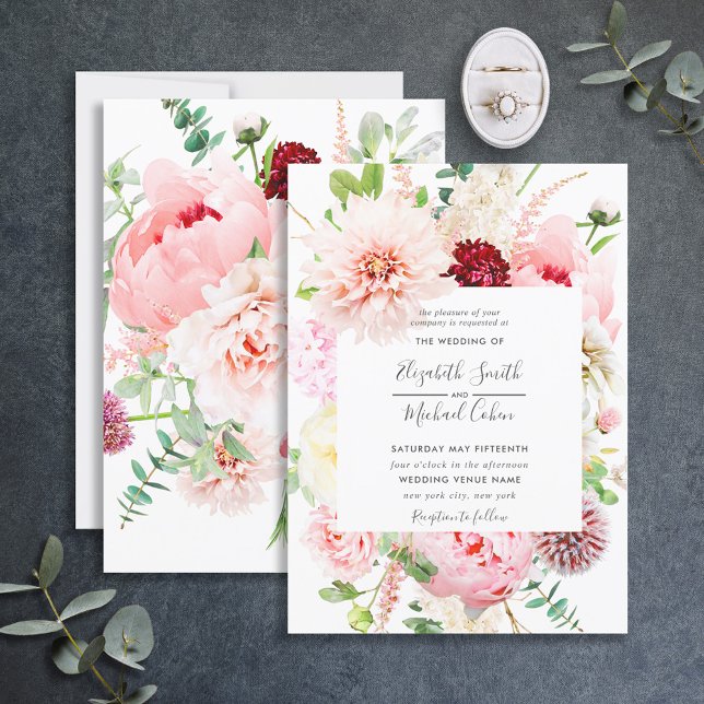 Romantic Pink Peony Floral Script Wedding Invitation (Creator Uploaded)