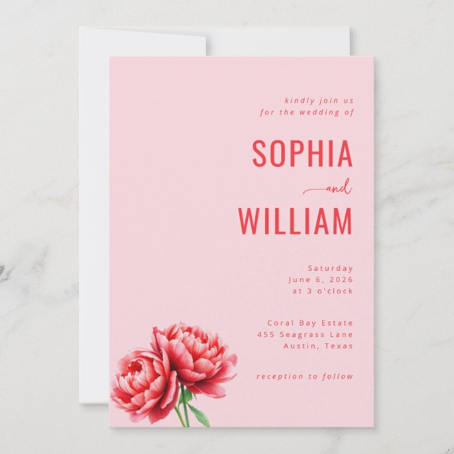 Romantic Pink Peony Wedding Invitation (Front)