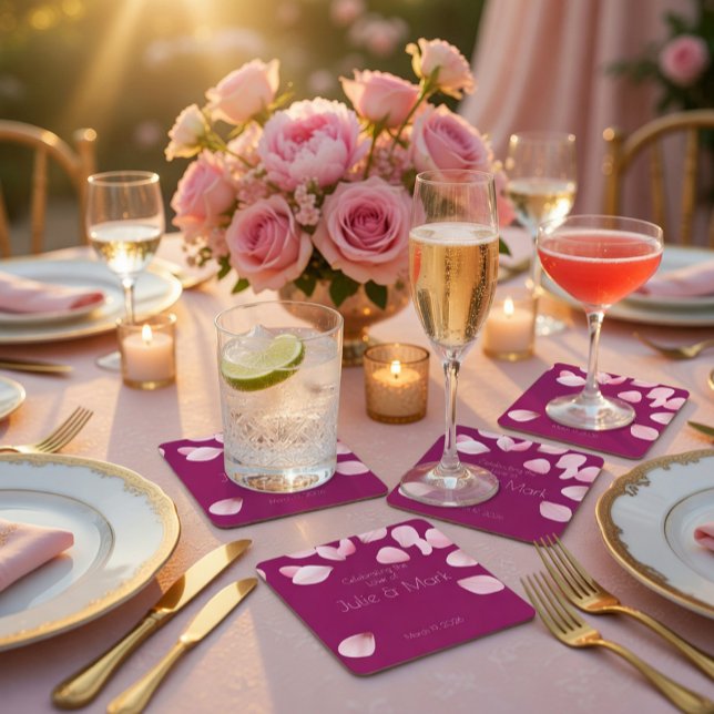 Romantic Pink Petals Wedding  Square Paper Coaster (Creator Uploaded)