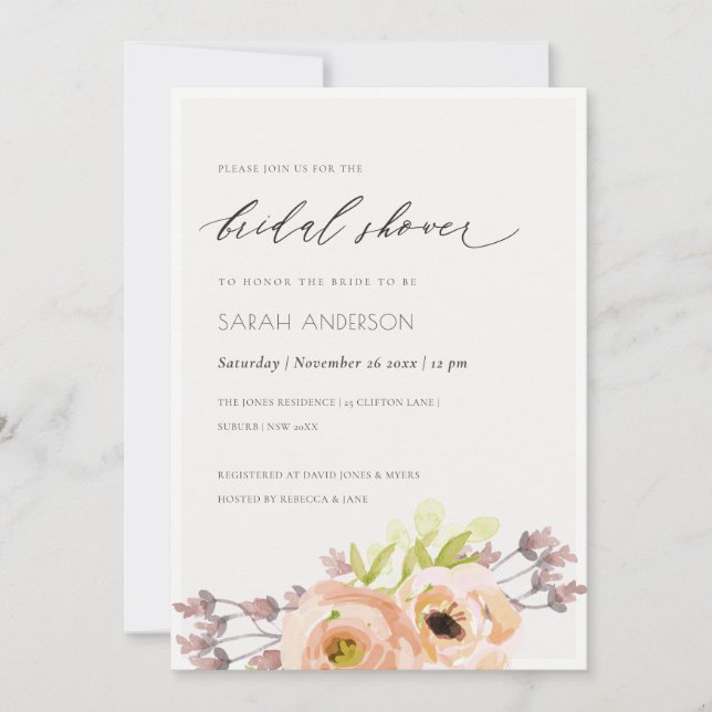 ROMANTIC PINK, PURPLE, BLUE FLORAL BRIDAL SHOWER INVITATION (Front)