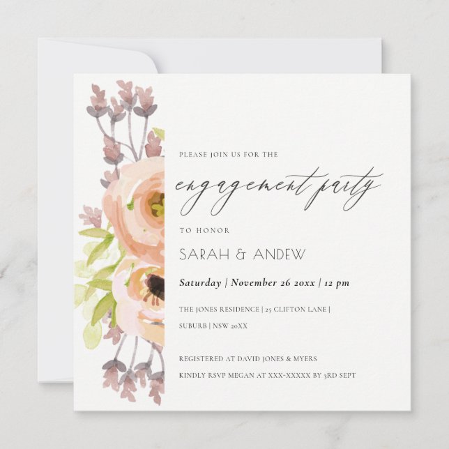 ROMANTIC PINK, PURPLE, BLUE FLORAL ENGAGEMENT INVITATION (Front)
