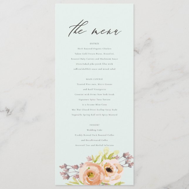 ROMANTIC PINK, PURPLE, BLUE FLORAL MENU CARD (Front)