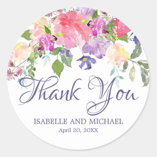 Romantic Pink  Purple Floral Thank You Wedding Classic Round Sticker