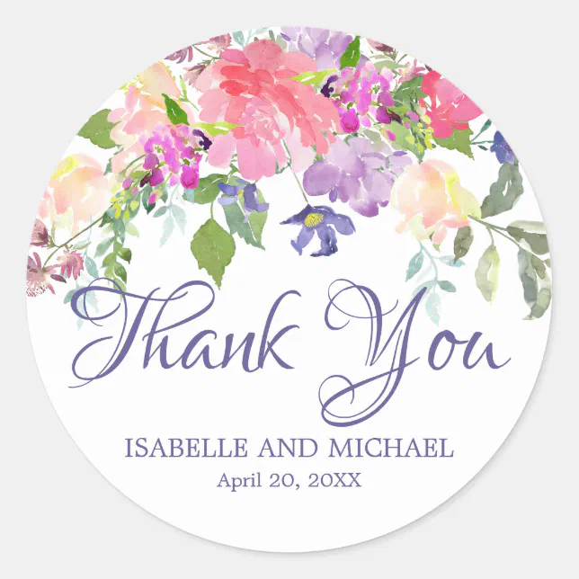 Romantic Pink & Purple Floral Thank You Wedding Classic Round Sticker ...