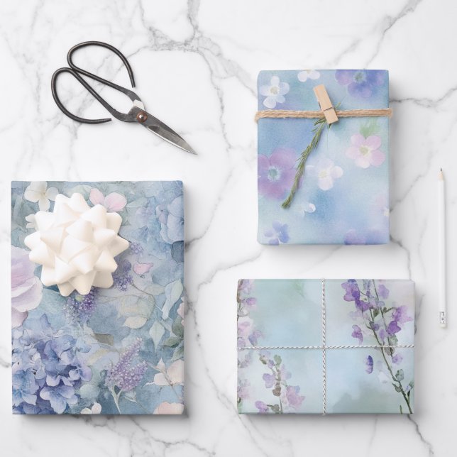 Romantic Pink Purple Floral Wedding Wrapping Paper Sheets (Front)