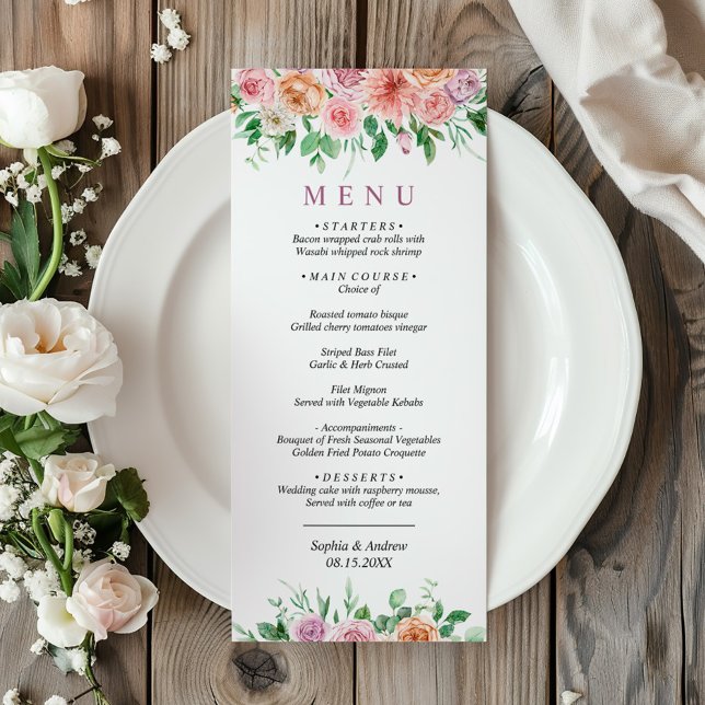 Romantic Pink & Purple Flowers Wedding Menu (Creator Uploaded)