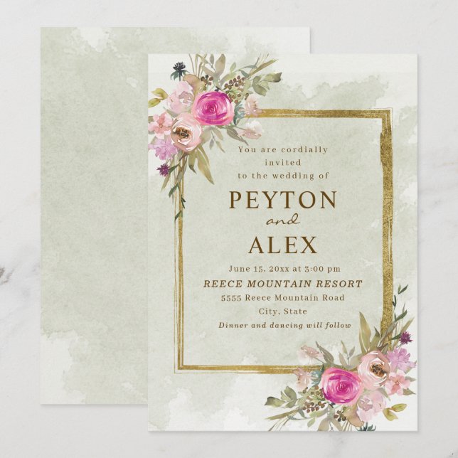 Romantic Pink Purple Sage Green Leaves Gold Invitation (Front/Back)