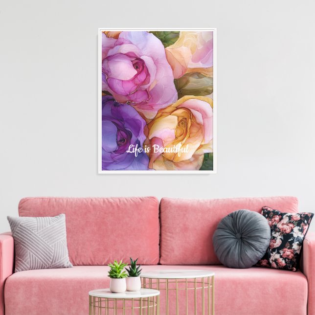 Romantic Pink Purple Yellow Rose Floral Love  Canvas Print (Insitu(LivingRoom))