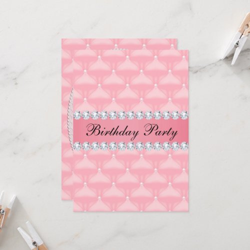 Romantic Pink Quilted Diamonds  Pearls Birthday Invitation