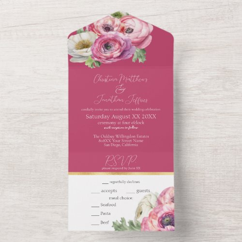 Romantic Pink Ranunculus on Blush All In One Invitation