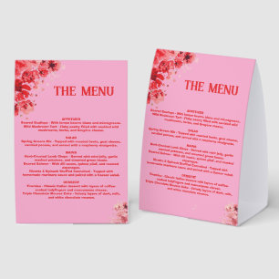 Romantic pink Red Floral Menu ,Wedding Menu Paper Table Tent