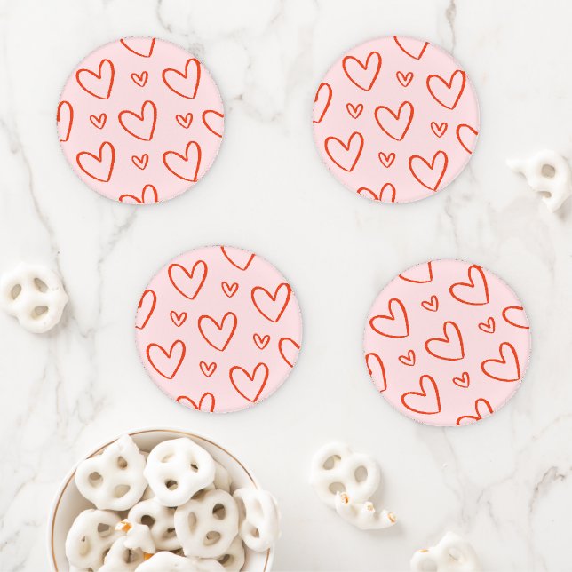 Romantic Pink & Red Preppy Hearts Coaster Set (In Situ)