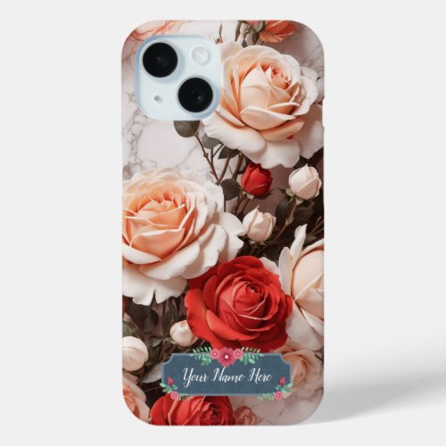 Romantic Pink Red Roses Flowers on White Marble iPhone 15 Case