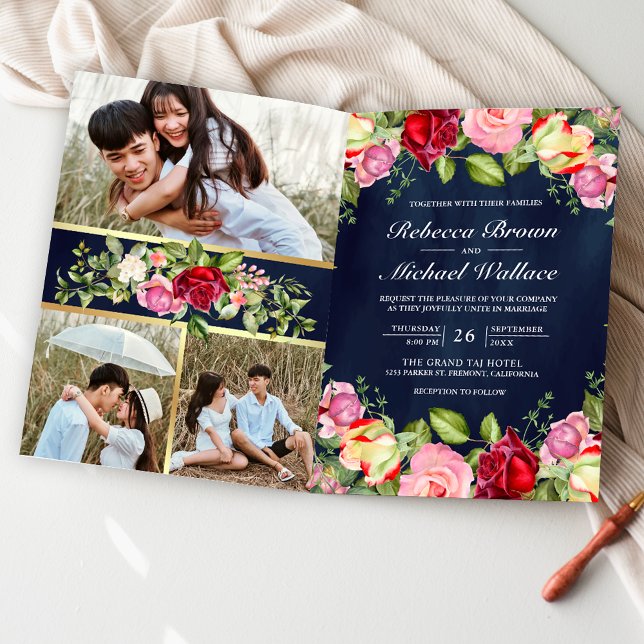 Romantic Pink Red Roses QR Code Navy Blue Wedding Invitation (Creator Uploaded)