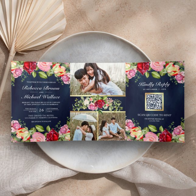 Romantic Pink Red Roses QR Code Navy Blue Wedding Tri-Fold Invitation (Creator Uploaded)