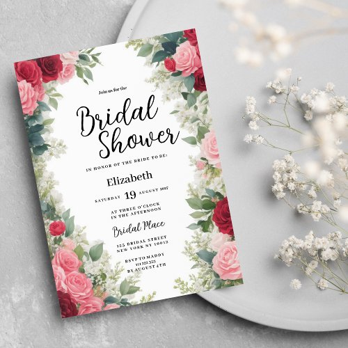 Romantic pink red white mint floral Bridal Shower Invitation