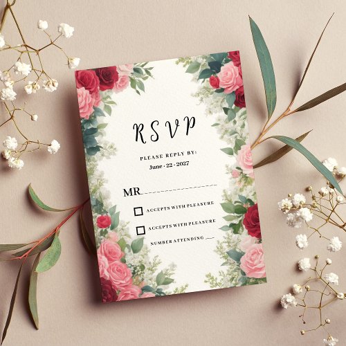 Romantic pink red white mint roses floral RSVP  Invitation