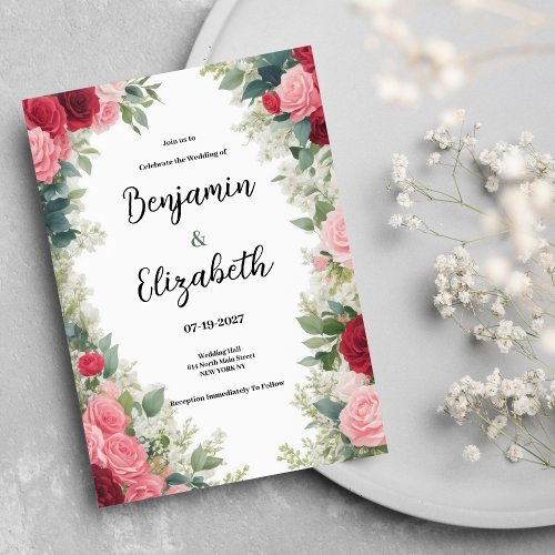 Romantic pink red white mint roses floral Wedding Invitation