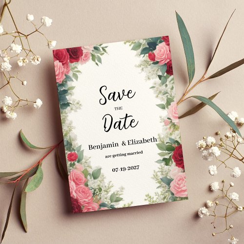 Romantic pink red white mint roses Save the Date  Invitation