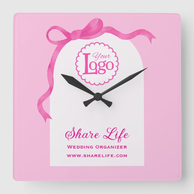Romantic Pink Ribbon Wedding Organizer Business Square Wall Clock (Front)