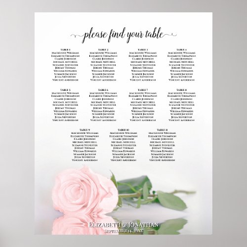 Romantic Pink Rose 11 Table Wedding Seating Chart