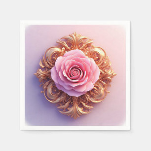 Romantic Pink Rose and Gold Ornamental Napkins