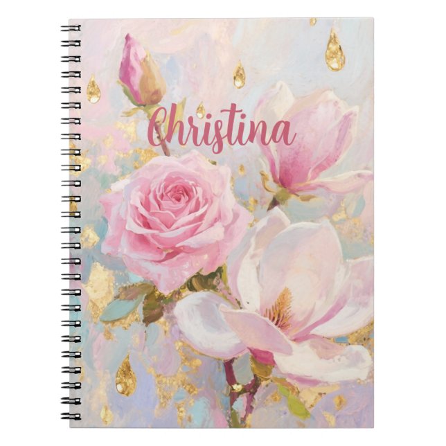 Romantic Pink Rose and Manoglias, painting style  Notebook (Front)