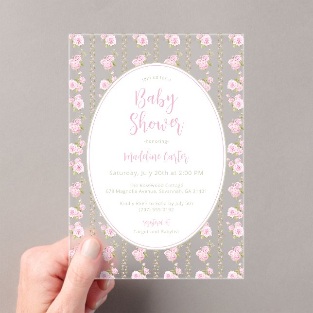 Romantic Pink Rose Baby Shower  Acrylic Invitations (Insitu (Handheld))