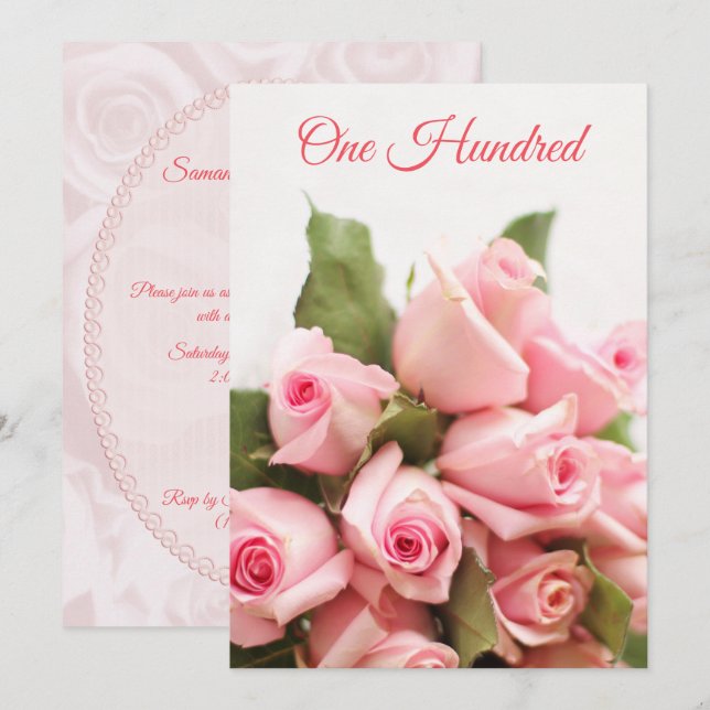 Romantic Pink Rose Bouquet 100th Birthday Invitation (Front/Back)