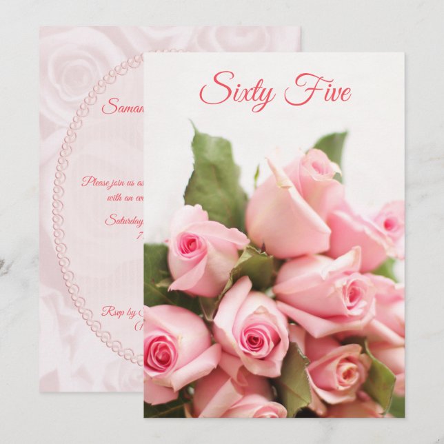 Romantic Pink Rose Bouquet 65th Birthday Invitation (Front/Back)