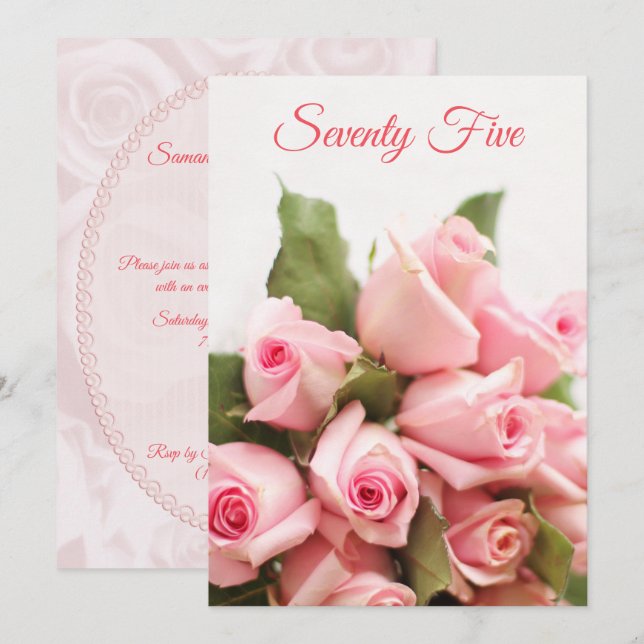 Romantic Pink Rose Bouquet 75th Birthday Invitation (Front/Back)