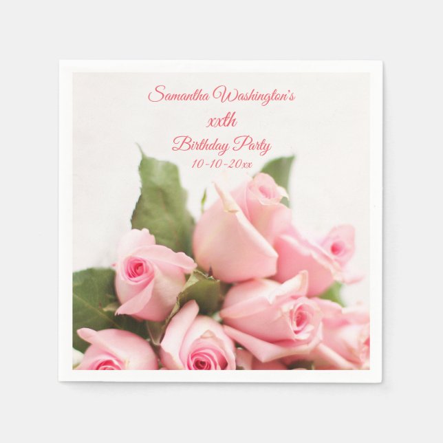 Romantic Pink Rose Bouquet  Birthday Napkins (Front)