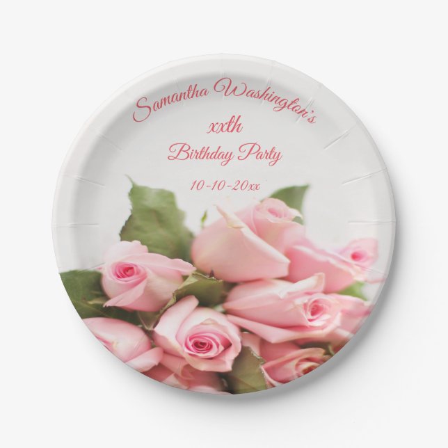 Romantic Pink Rose Bouquet  Birthday Paper Plates (Front)